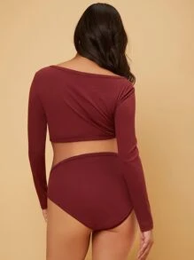 SHEIN Maternity Cut Out Waist Ruched Bodysuit - Maroon - View 2