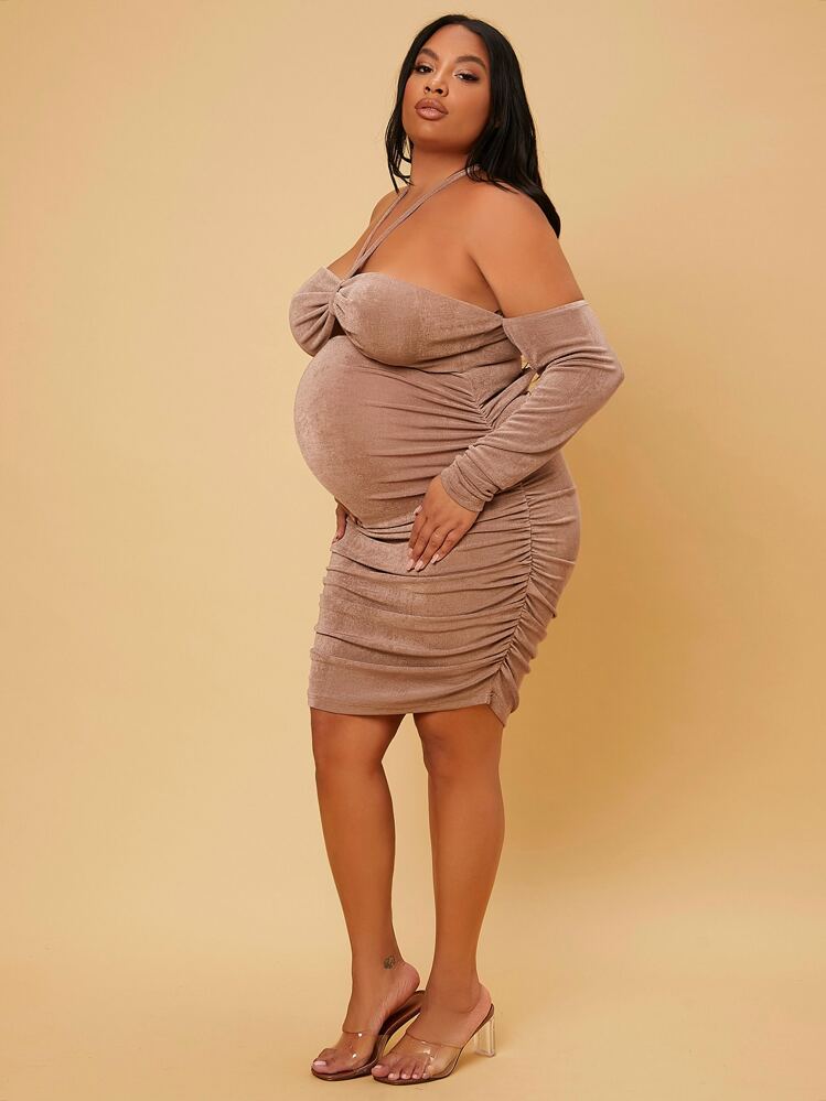SHEIN הריונית מידות גדולות ללא גב צווארון קולר כיווצים בצד שמלה צמודה - חום מוקה - ראה 5