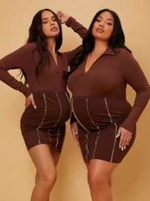 SHEIN Maternity Plus 1pc High Waist Top-stitching Bodycon Skirt - Chocolate Brown - View 3