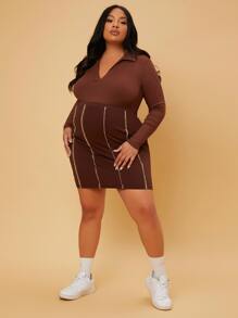 SHEIN Maternity Plus 1pc High Waist Top-stitching Bodycon Skirt - Chocolate Brown - View 4