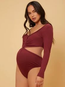 SHEIN Maternity Cut Out Waist Ruched Bodysuit - Maroon - View 4