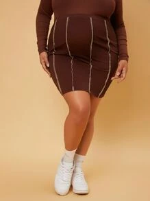 SHEIN Maternity Plus 1pc High Waist Top-stitching Bodycon Skirt - Chocolate Brown - View 5