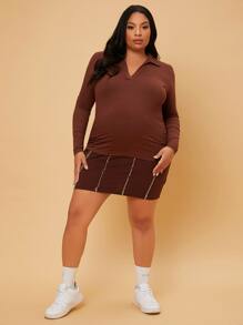 SHEIN Maternidad Talla grande Camiseta de cuello V tejido de canalé - Marrón Chocolate - Ver 3