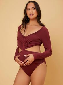 SHEIN Maternity Cut Out Waist Ruched Bodysuit - Maroon - View 5