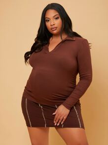 SHEIN Maternidad Talla grande Camiseta de cuello V tejido de canalé - Marrón Chocolate - Ver 4