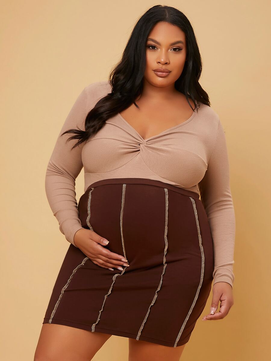 Plussiva Maternity Plus Twist Front Form Fitted Tee - Apricot - View 1