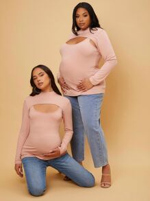SHEIN Maternity Plus 1pc Solid Cami Top With Super Crop Tee - Coral Pink - View 3