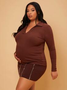 SHEIN Maternidad Talla grande Camiseta de cuello V tejido de canalé - Marrón Chocolate - Ver 5