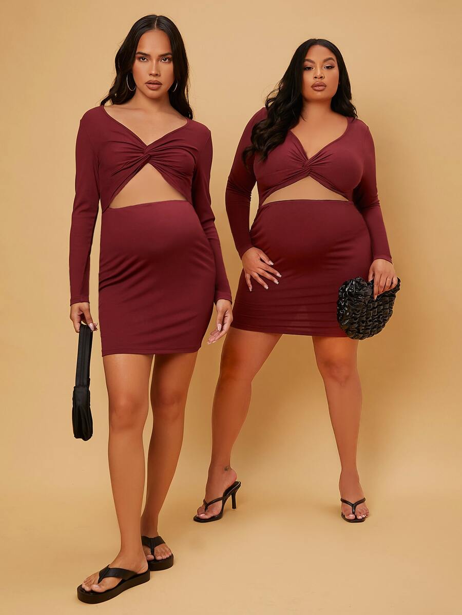 SHEIN Maternity Plus 1pc Cut Out Twist Front Bodycon Dress - Burgundy - View 1