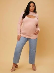 SHEIN Maternity Plus 1pc Solid Cami Top With Super Crop Tee - Coral Pink - View 4