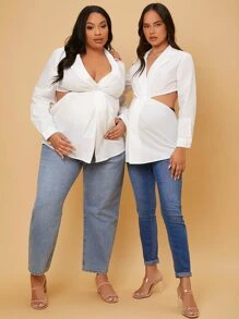 SHEIN Maternity Plus 1pc Cut Out Twist Front Blouse - White - View 4