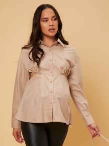 SHEIN Maternity Cut Out Drop Shoulder Blouse - Khaki - View 1