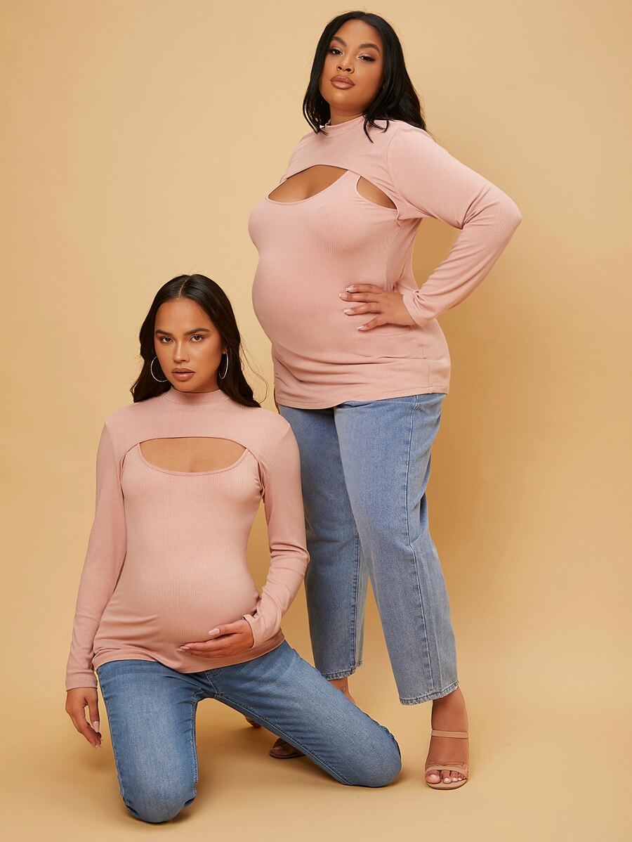 SHEIN Maternity Plus 1pc Solid Cami Top With Super Crop Tee - Coral Pink - View 1