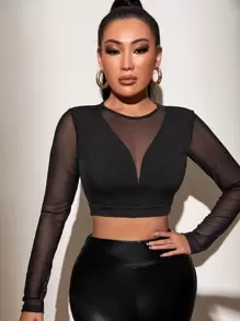 Chiquease Áo thun nữ Tương phản Mesh màu trơn Gợi cảm - màu đen - Xem 1