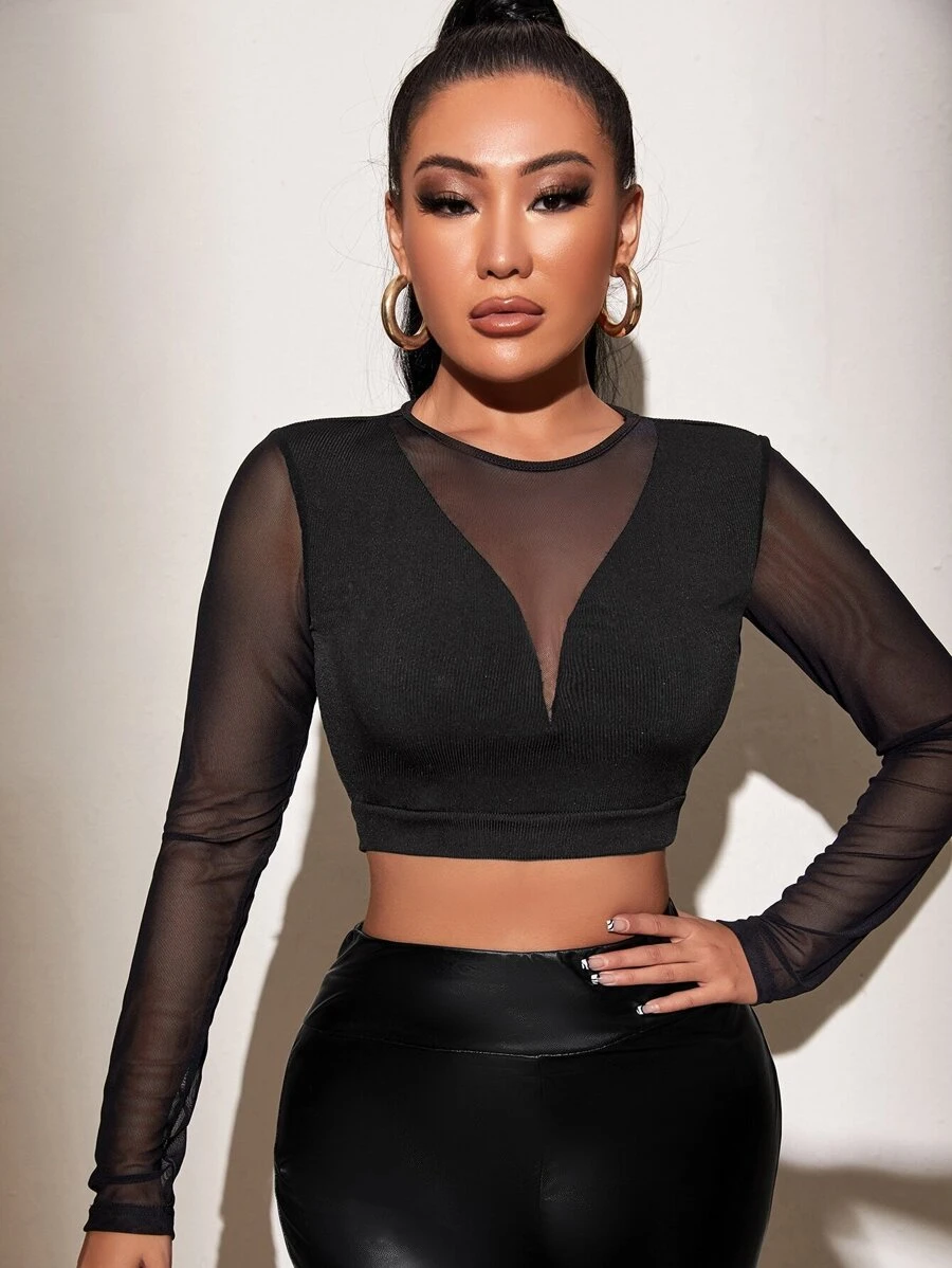 Chiquease Áo thun nữ Tương phản Mesh màu trơn Gợi cảm - màu đen - Xem 1