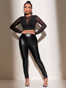 Chiquease Áo thun nữ Tương phản Mesh màu trơn Gợi cảm - màu đen - Xem 3