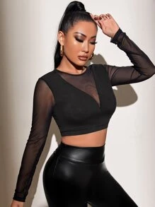 Chiquease Áo thun nữ Tương phản Mesh màu trơn Gợi cảm - màu đen - Xem 4