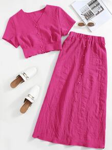 SHEIN Essnce Solid Button Front Crop Blouse & Skirt - Hot Pink - View 1