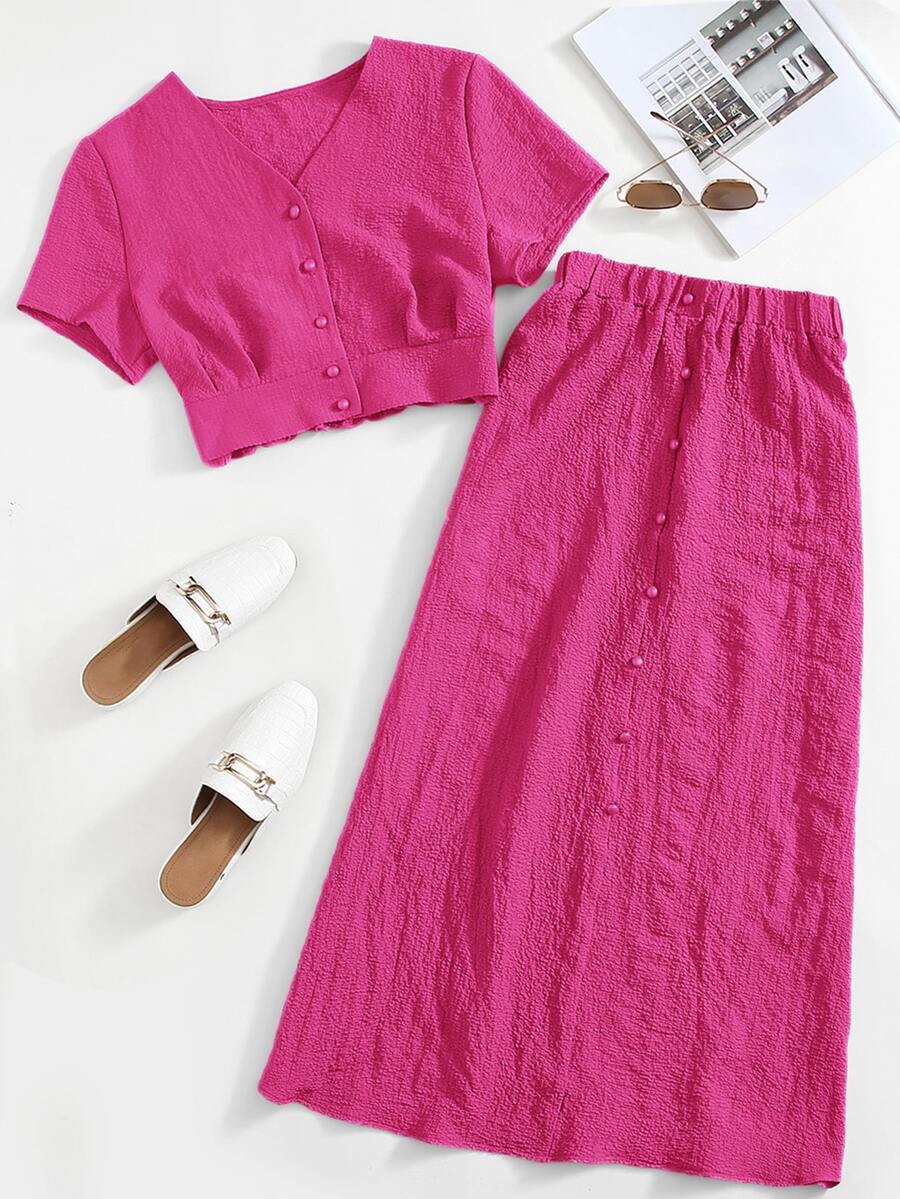 SHEIN Essnce Solid Button Front Crop Blouse & Skirt - Hot Pink - View 1