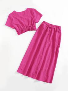 SHEIN Essnce Solid Button Front Crop Blouse & Skirt - Hot Pink - View 2