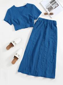 SHEIN Essnce Solid Button Front Crop Blouse & Skirt - Blue - View 1