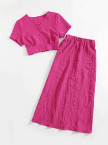 SHEIN Essnce Solid Button Front Crop Blouse & Skirt - Hot Pink - View 3