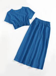 SHEIN Essnce Solid Button Front Crop Blouse & Skirt - Blue - View 2