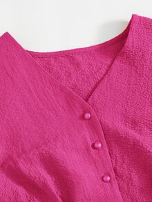 SHEIN Essnce Solid Button Front Crop Blouse & Skirt - Hot Pink - View 4