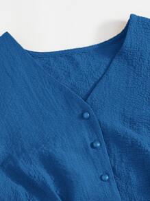 SHEIN Essnce Solid Button Front Crop Blouse & Skirt - Blue - View 3