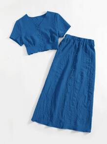SHEIN Essnce Solid Button Front Crop Blouse & Skirt - Blue - View 4