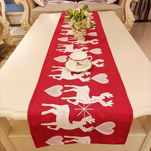 

Christmas Embroidered Deer Table Runner, Red and white
