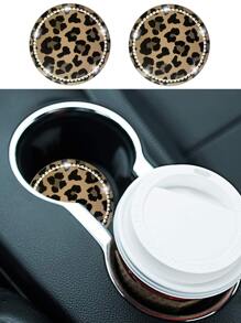 2pcs 7cm Diameter Rhinestone Cow Print & Leopard Print Anti-Slip Silicone Cup Coasters For Car - Multicolor - View 6