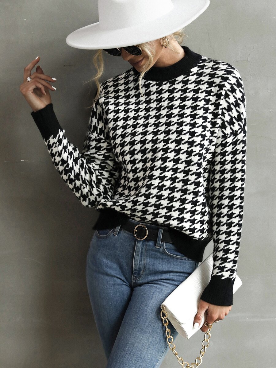 Jersey de pata de gallo de hombros caídos - Blanco y Negro - Ver 1