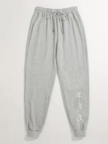 Women Skull Print Joggers - Light Grey - View 5