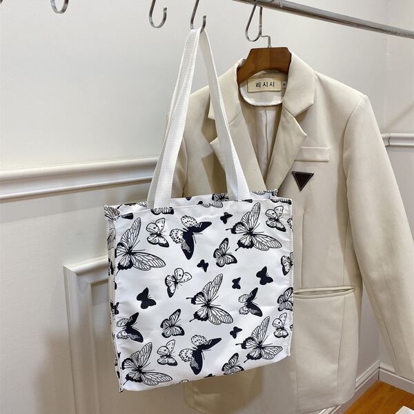

Butterfly Graphic Shoulder Tote Bag, Black and white