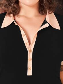 SHEIN Essnce Đầm Plus Size Tương phản ràng buộc Nút phía trước màu trơn Giải trí - màu đen - Xem 3