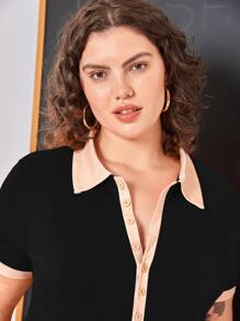 SHEIN Essnce Đầm Plus Size Tương phản ràng buộc Nút phía trước màu trơn Giải trí - màu đen - Xem 5