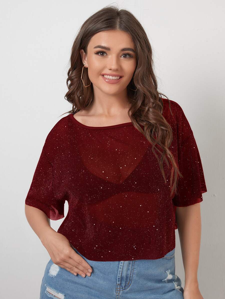 SHEIN Privé 大碼閃亮落肩短版透明上衣 - 酒紅色 - 查看 1