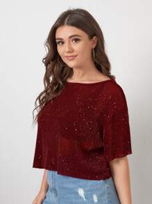 SHEIN Privé 大碼閃亮落肩短版透明上衣 - 酒紅色 - 查看 4