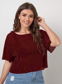 SHEIN Privé 大碼閃亮落肩短版透明上衣 - 酒紅色 - 查看 5