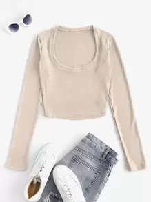 SHEIN Unity Áo thun nữ Gân đan màu trơn Giải trí - Màu be - Xem 1