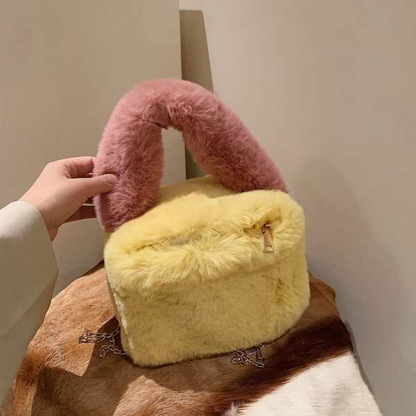 

Mini Colorblock Fluffy Satchel Bag, Yellow