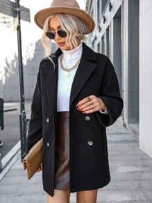 SHEIN Essnce Áo khoác ngoài nữ Nút đôi Túi màu trơn Thanh lịch - màu đen - Xem 1