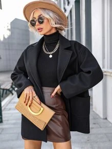 SHEIN Essnce Áo khoác ngoài nữ Nút đôi Túi màu trơn Thanh lịch - màu đen - Xem 7