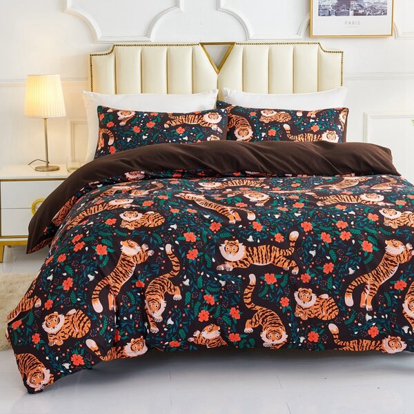 

Tiger Print Duvet Cover Set Without Filler, Multicolor