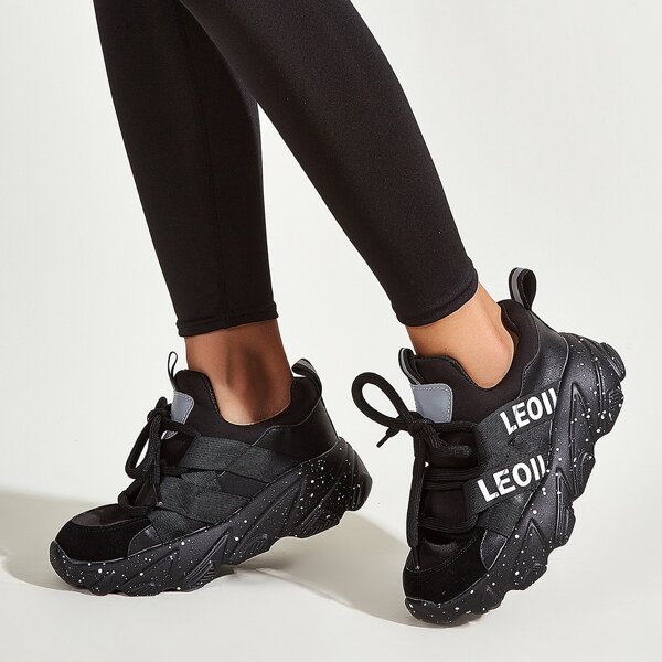 

Letter Tape Lace-up Front Chunky Sneakers, Black