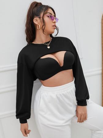 Plus Drop Shoulder Super Crop Pullover Without Bra