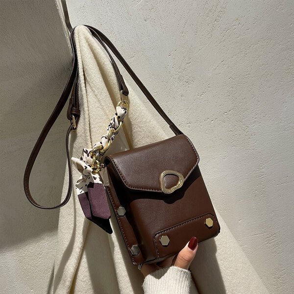 

Studded Decor Flap Crossbody Bag, Coffee brown