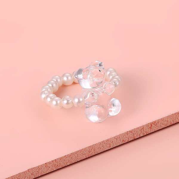 

Girls Bear Decor Faux Pearl Beaded Ring, White
