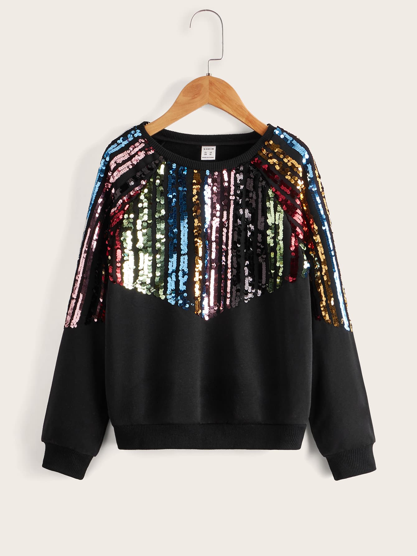 SHEIN Girls Raglan Sleeve Colourful Sequins Pullover - Black - View 1